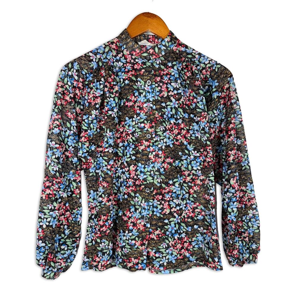 Vintage Jane Holly Black Floral Blouse Cottagecore Secretary Top S 70s